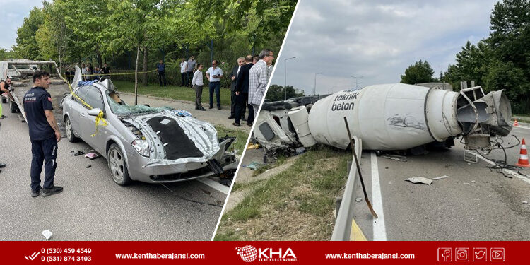 Bursa’da feci kaza: Beton mikseri otomobilin üzerine devrildi!