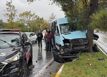 İstanbul Sancaktepe’de minibüs refüjdeki ağaca çarptı